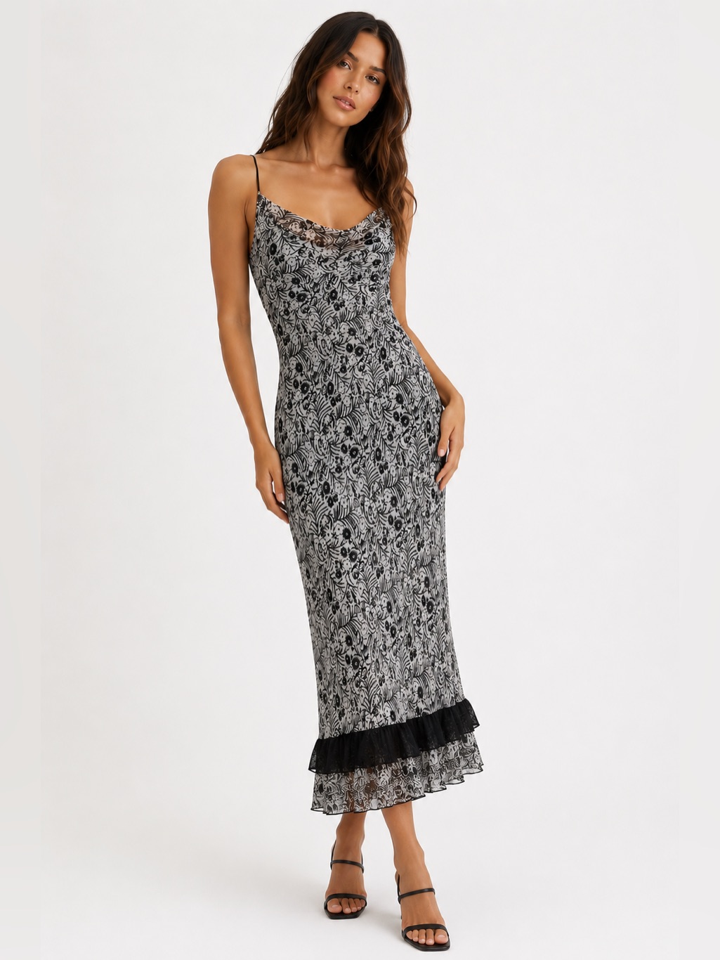Vtg Jonathan Martin Y2k Silk Floral Ruffle Cowl Neck Midi Dress 6 Whimsigoth